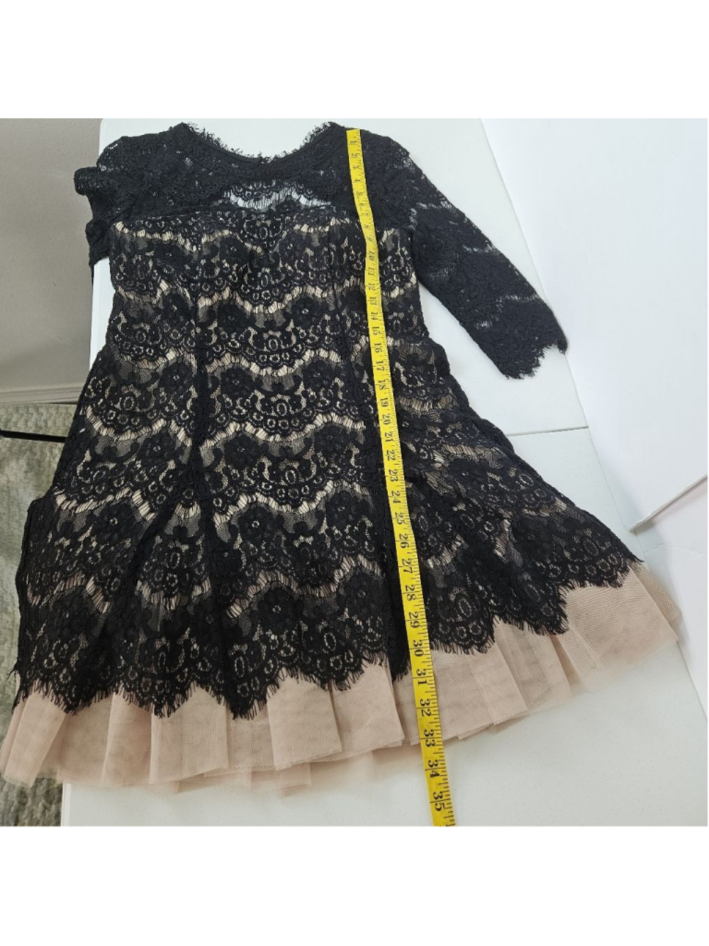 Betsy & Adam Lace Tulle Mini Dress 12P Black Tan Cocktail A-line Party - Picture 9 of 11
